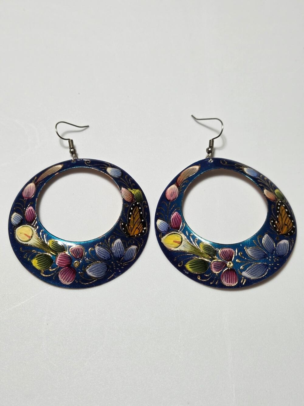 Vintage Hand Painted Copper Butterfly Flower Dangle Earrings Large